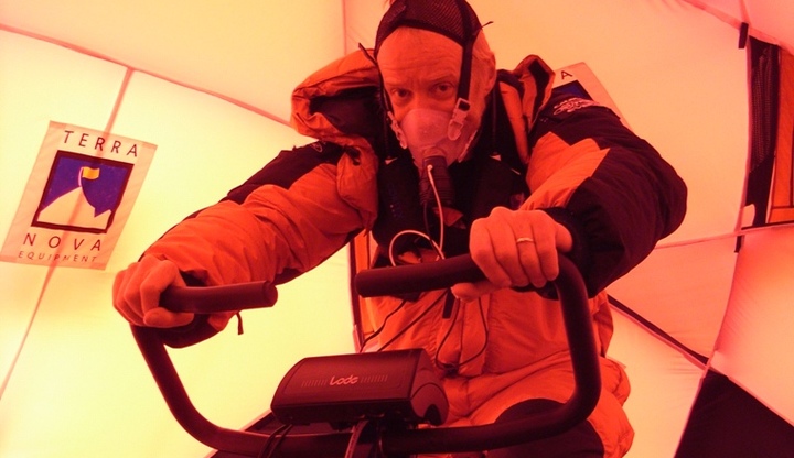 Chris Imray on an exercise bike at 7950m